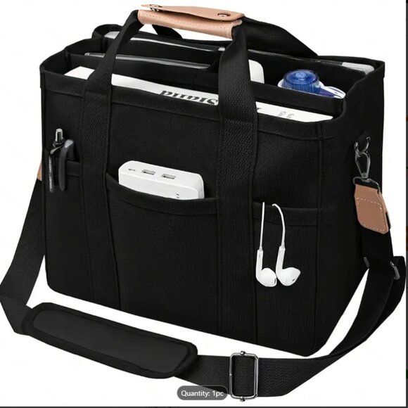 NWOT Canvas Multi-Pocket Tote Bag-Large Crossbody Shoulder Handbag, Black - Picture 1 of 4
